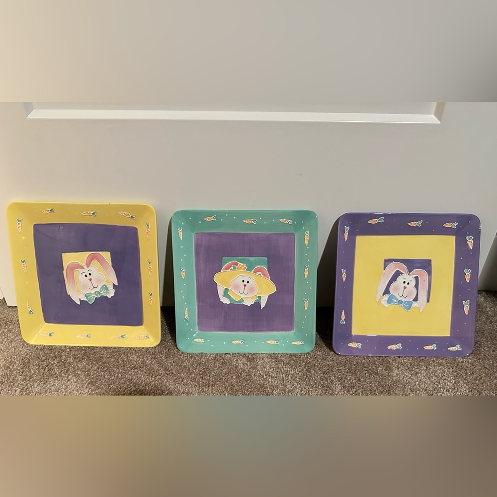 Sonoma Set Of 3 Ceramic Easter Plates, Approx 8in Square